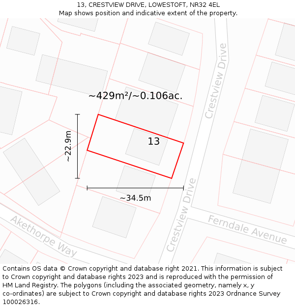 13, CRESTVIEW DRIVE, LOWESTOFT, NR32 4EL: Plot and title map