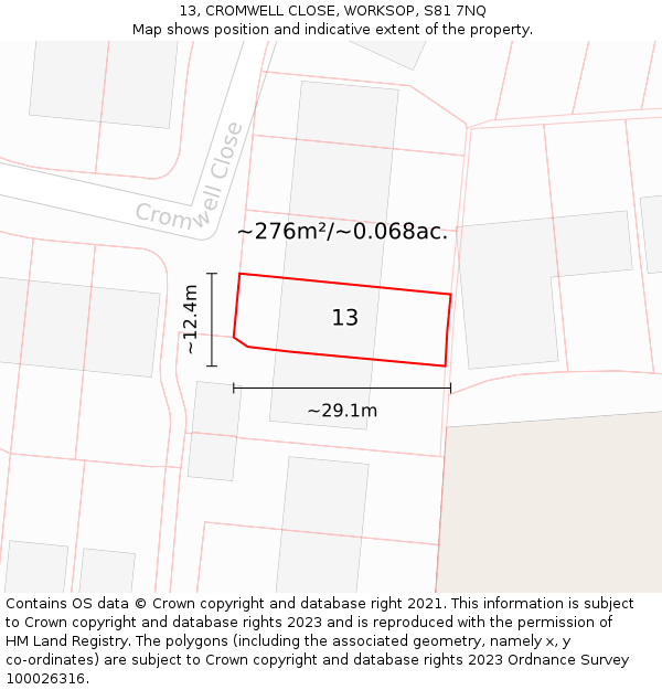 13, CROMWELL CLOSE, WORKSOP, S81 7NQ: Plot and title map