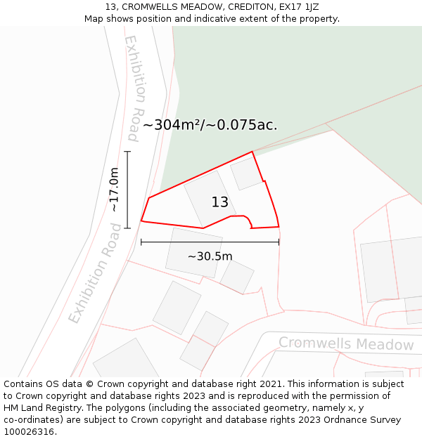13, CROMWELLS MEADOW, CREDITON, EX17 1JZ: Plot and title map