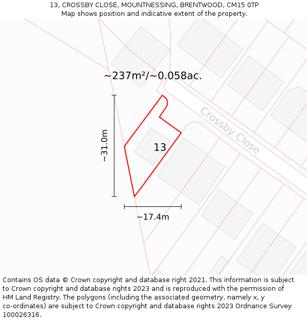 13, CROSSBY CLOSE, MOUNTNESSING, BRENTWOOD, CM15 0TP: Plot and title map
