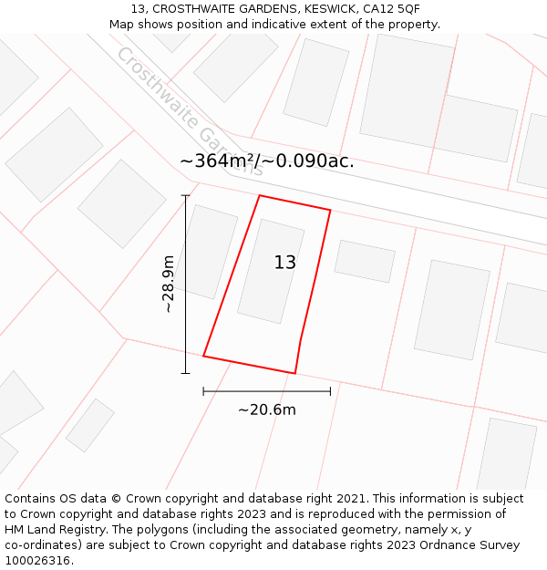 13, CROSTHWAITE GARDENS, KESWICK, CA12 5QF: Plot and title map