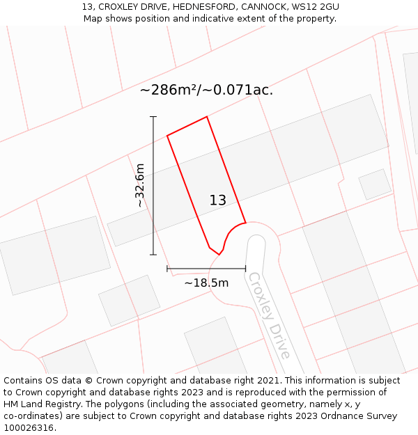 13, CROXLEY DRIVE, HEDNESFORD, CANNOCK, WS12 2GU: Plot and title map