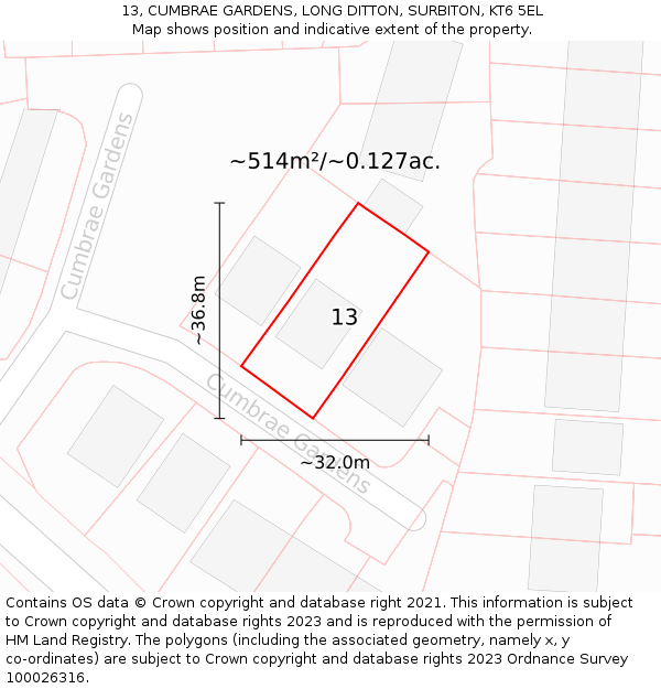 13, CUMBRAE GARDENS, LONG DITTON, SURBITON, KT6 5EL: Plot and title map