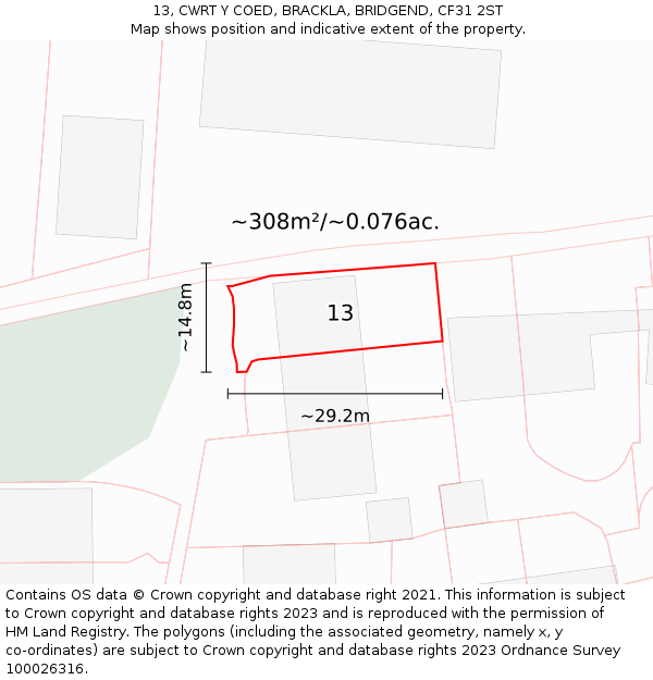 13, CWRT Y COED, BRACKLA, BRIDGEND, CF31 2ST: Plot and title map