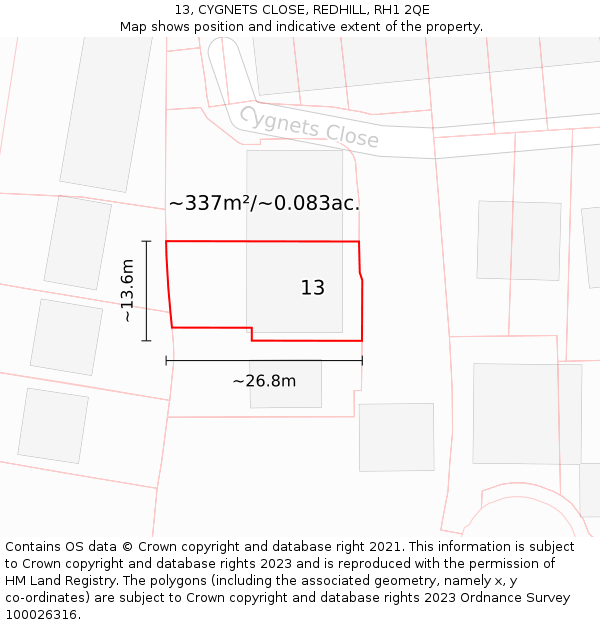 13, CYGNETS CLOSE, REDHILL, RH1 2QE: Plot and title map