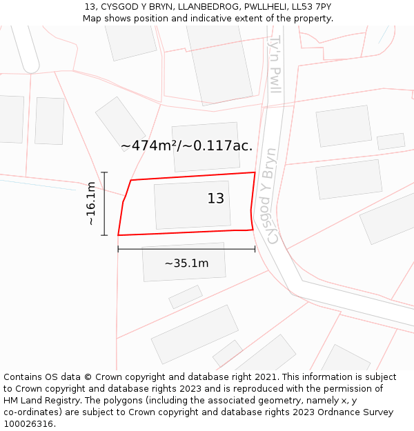 13, CYSGOD Y BRYN, LLANBEDROG, PWLLHELI, LL53 7PY: Plot and title map