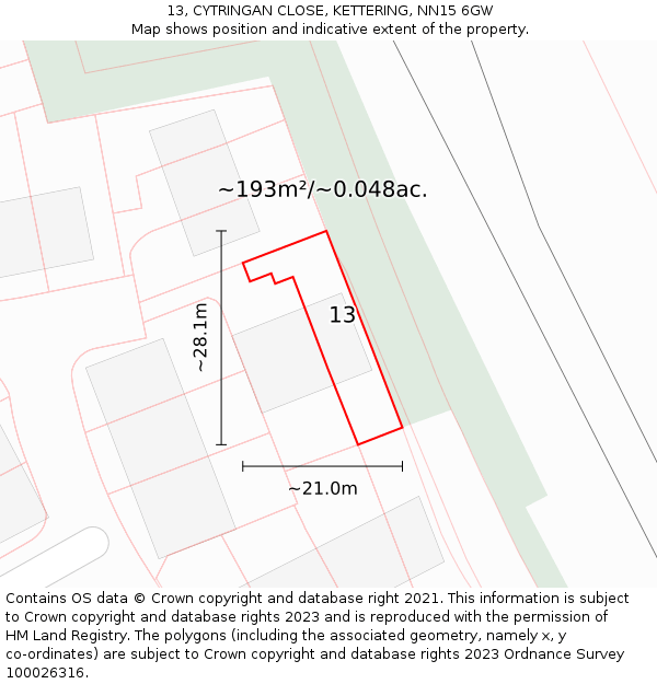 13, CYTRINGAN CLOSE, KETTERING, NN15 6GW: Plot and title map