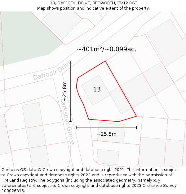 13, DAFFODIL DRIVE, BEDWORTH, CV12 0GT: Plot and title map