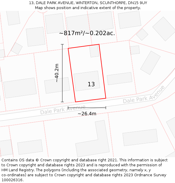 13, DALE PARK AVENUE, WINTERTON, SCUNTHORPE, DN15 9UY: Plot and title map