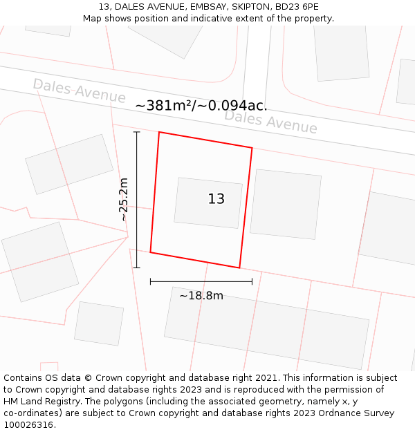 13, DALES AVENUE, EMBSAY, SKIPTON, BD23 6PE: Plot and title map