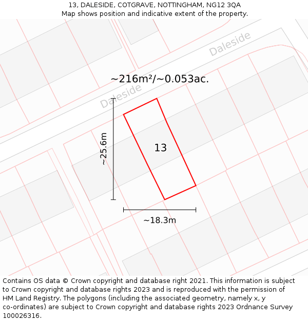 13, DALESIDE, COTGRAVE, NOTTINGHAM, NG12 3QA: Plot and title map