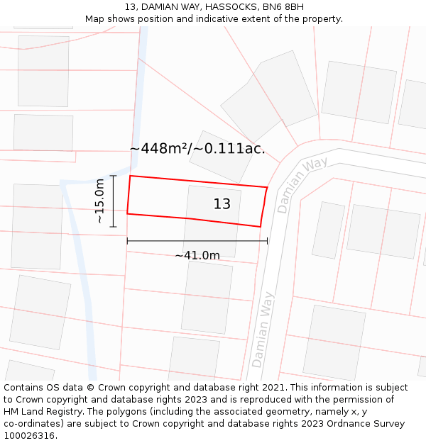 13, DAMIAN WAY, HASSOCKS, BN6 8BH: Plot and title map