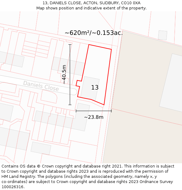 13, DANIELS CLOSE, ACTON, SUDBURY, CO10 0XA: Plot and title map