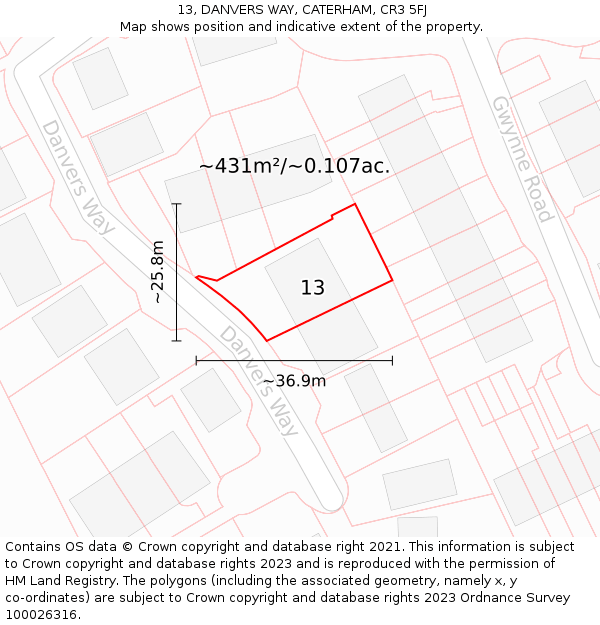 13, DANVERS WAY, CATERHAM, CR3 5FJ: Plot and title map
