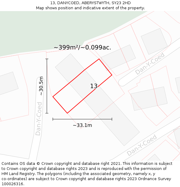 13, DANYCOED, ABERYSTWYTH, SY23 2HD: Plot and title map