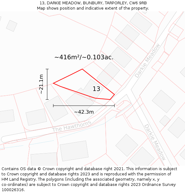 13, DARKIE MEADOW, BUNBURY, TARPORLEY, CW6 9RB: Plot and title map