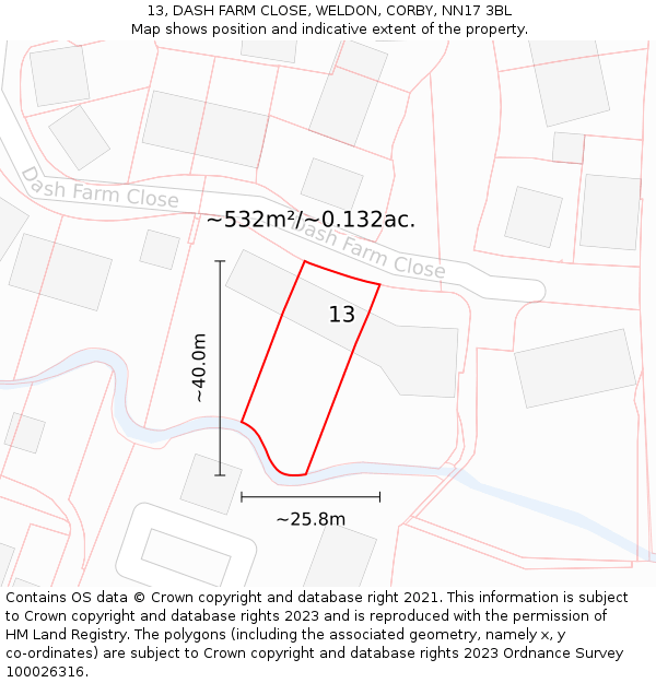 13, DASH FARM CLOSE, WELDON, CORBY, NN17 3BL: Plot and title map