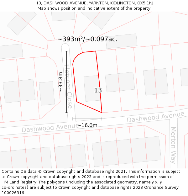 13, DASHWOOD AVENUE, YARNTON, KIDLINGTON, OX5 1NJ: Plot and title map