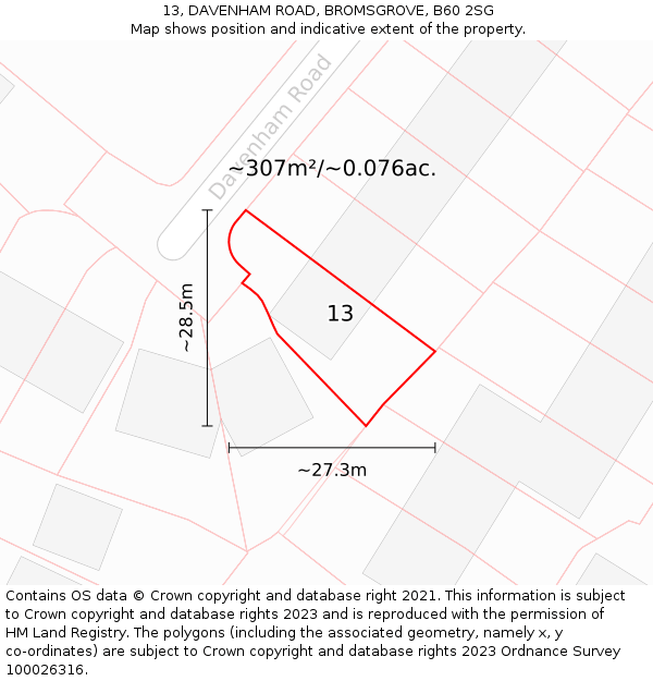 13, DAVENHAM ROAD, BROMSGROVE, B60 2SG: Plot and title map