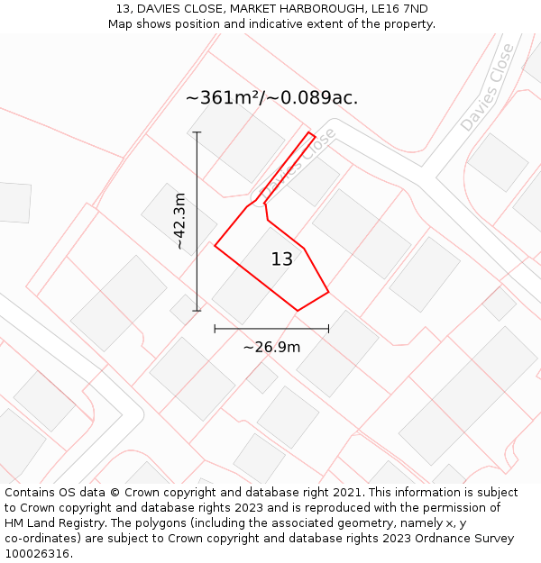 13, DAVIES CLOSE, MARKET HARBOROUGH, LE16 7ND: Plot and title map