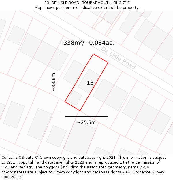 13, DE LISLE ROAD, BOURNEMOUTH, BH3 7NF: Plot and title map