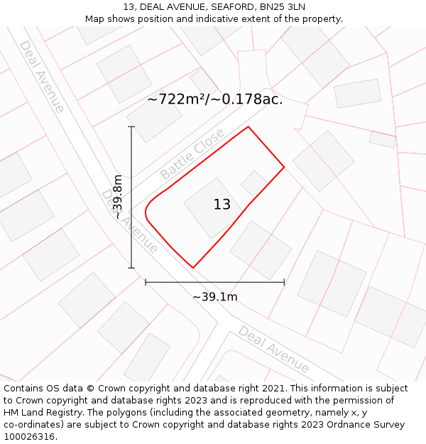 13, DEAL AVENUE, SEAFORD, BN25 3LN: Plot and title map
