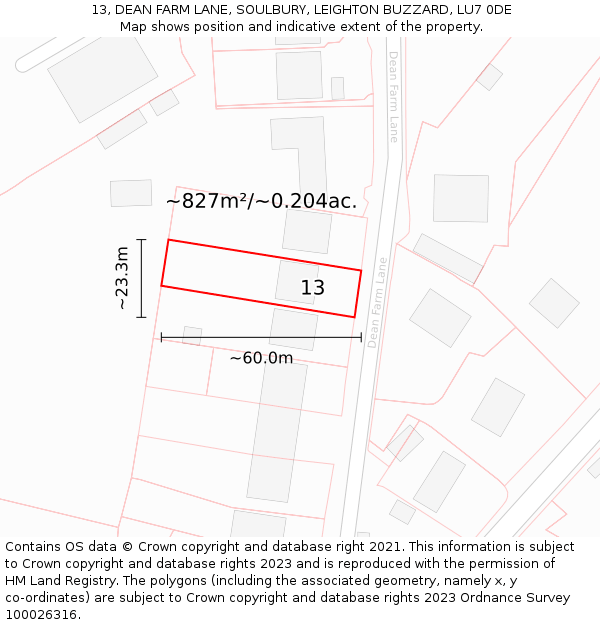 13, DEAN FARM LANE, SOULBURY, LEIGHTON BUZZARD, LU7 0DE: Plot and title map