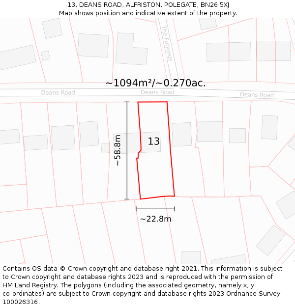 13, DEANS ROAD, ALFRISTON, POLEGATE, BN26 5XJ: Plot and title map