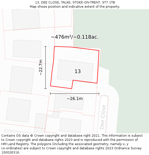 13, DEE CLOSE, TALKE, STOKE-ON-TRENT, ST7 1TB: Plot and title map