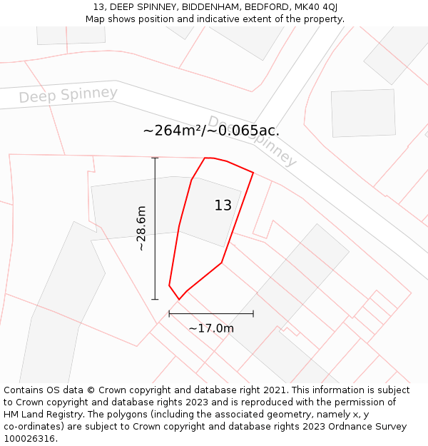 13, DEEP SPINNEY, BIDDENHAM, BEDFORD, MK40 4QJ: Plot and title map