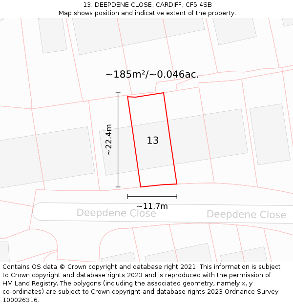 13, DEEPDENE CLOSE, CARDIFF, CF5 4SB: Plot and title map