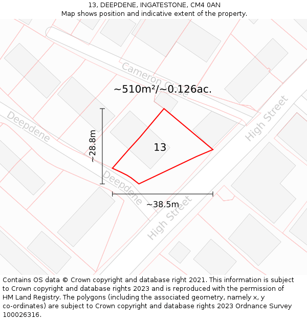 13, DEEPDENE, INGATESTONE, CM4 0AN: Plot and title map