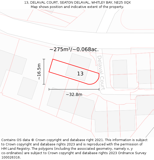 13, DELAVAL COURT, SEATON DELAVAL, WHITLEY BAY, NE25 0QX: Plot and title map