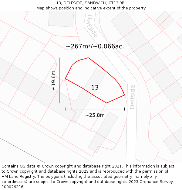 13, DELFSIDE, SANDWICH, CT13 9RL: Plot and title map