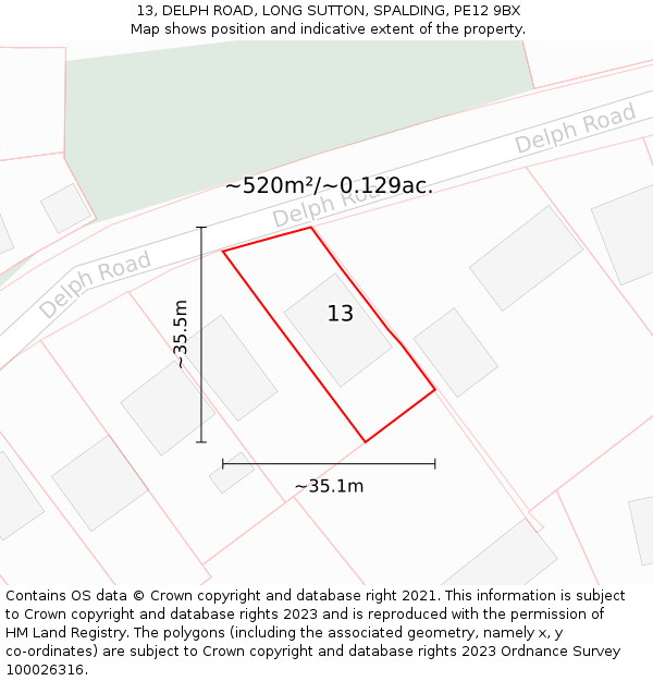 13, DELPH ROAD, LONG SUTTON, SPALDING, PE12 9BX: Plot and title map