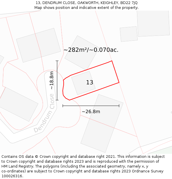 13, DENDRUM CLOSE, OAKWORTH, KEIGHLEY, BD22 7JQ: Plot and title map
