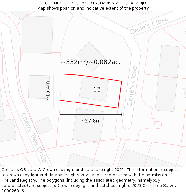 13, DENES CLOSE, LANDKEY, BARNSTAPLE, EX32 0JD: Plot and title map