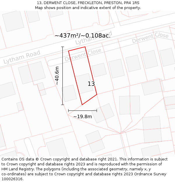 13, DERWENT CLOSE, FRECKLETON, PRESTON, PR4 1RS: Plot and title map