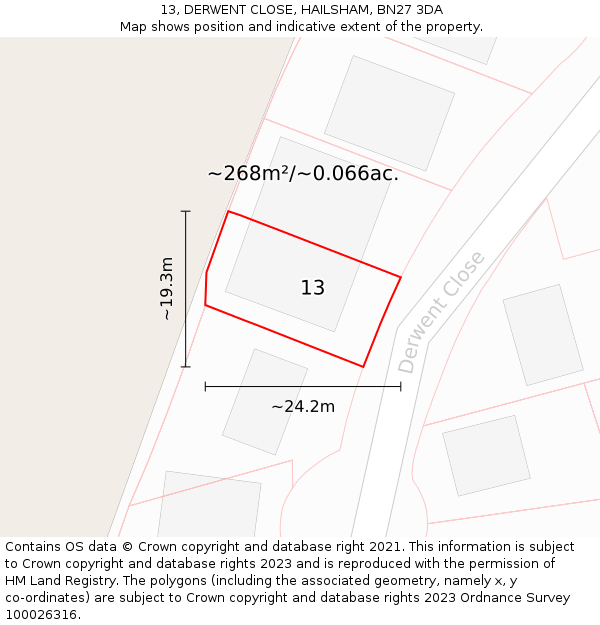 13, DERWENT CLOSE, HAILSHAM, BN27 3DA: Plot and title map