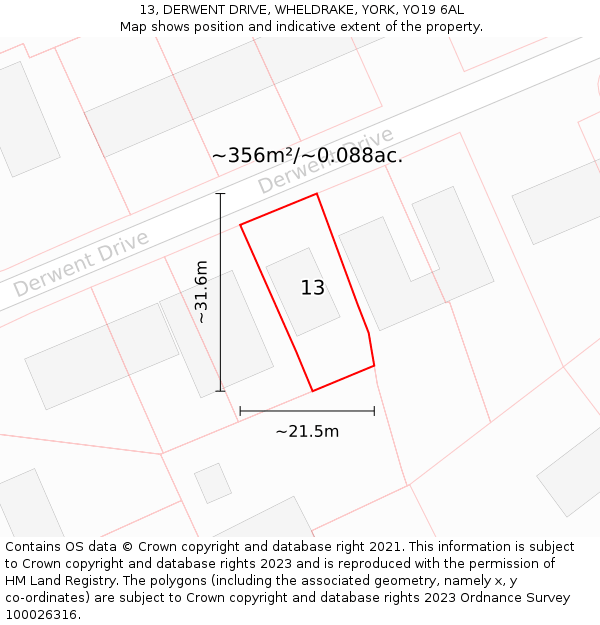 13, DERWENT DRIVE, WHELDRAKE, YORK, YO19 6AL: Plot and title map