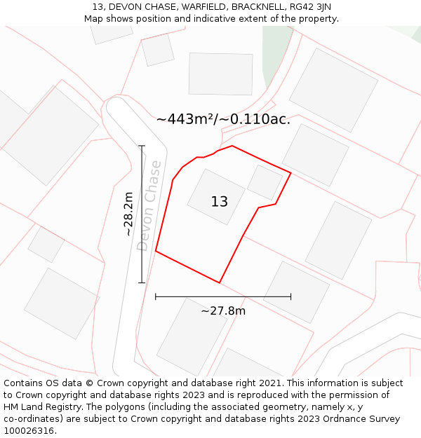 13, DEVON CHASE, WARFIELD, BRACKNELL, RG42 3JN: Plot and title map