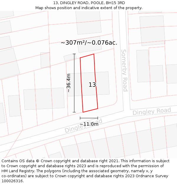 13, DINGLEY ROAD, POOLE, BH15 3RD: Plot and title map