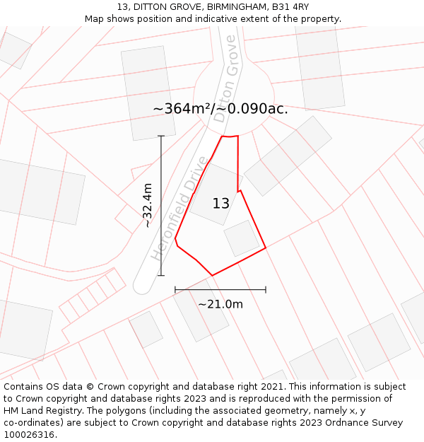 13, DITTON GROVE, BIRMINGHAM, B31 4RY: Plot and title map