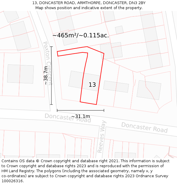 13, DONCASTER ROAD, ARMTHORPE, DONCASTER, DN3 2BY: Plot and title map