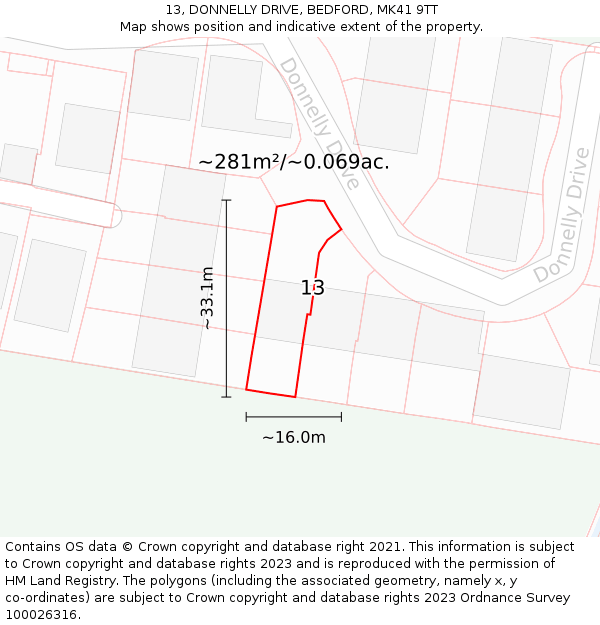 13, DONNELLY DRIVE, BEDFORD, MK41 9TT: Plot and title map