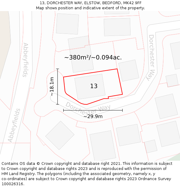 13, DORCHESTER WAY, ELSTOW, BEDFORD, MK42 9FF: Plot and title map