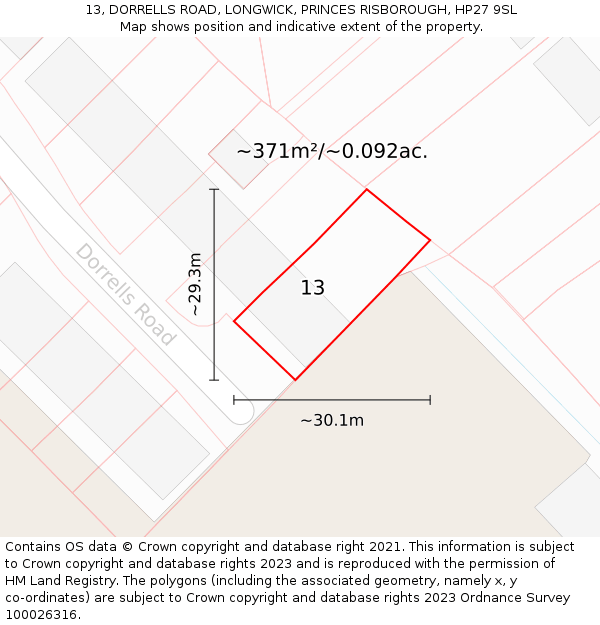 13, DORRELLS ROAD, LONGWICK, PRINCES RISBOROUGH, HP27 9SL: Plot and title map