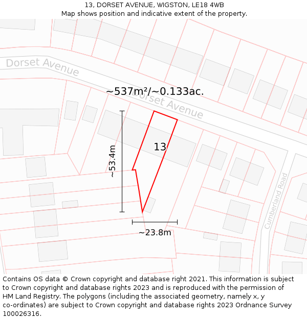 13, DORSET AVENUE, WIGSTON, LE18 4WB: Plot and title map
