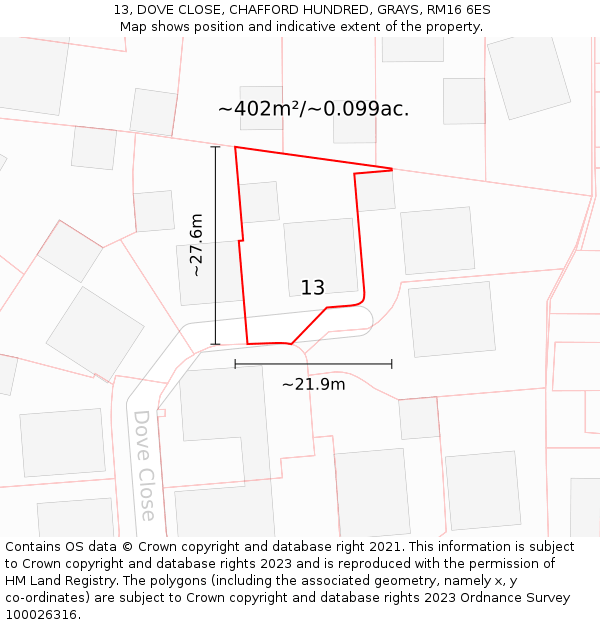 13, DOVE CLOSE, CHAFFORD HUNDRED, GRAYS, RM16 6ES: Plot and title map