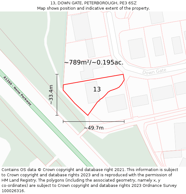 13, DOWN GATE, PETERBOROUGH, PE3 6SZ: Plot and title map